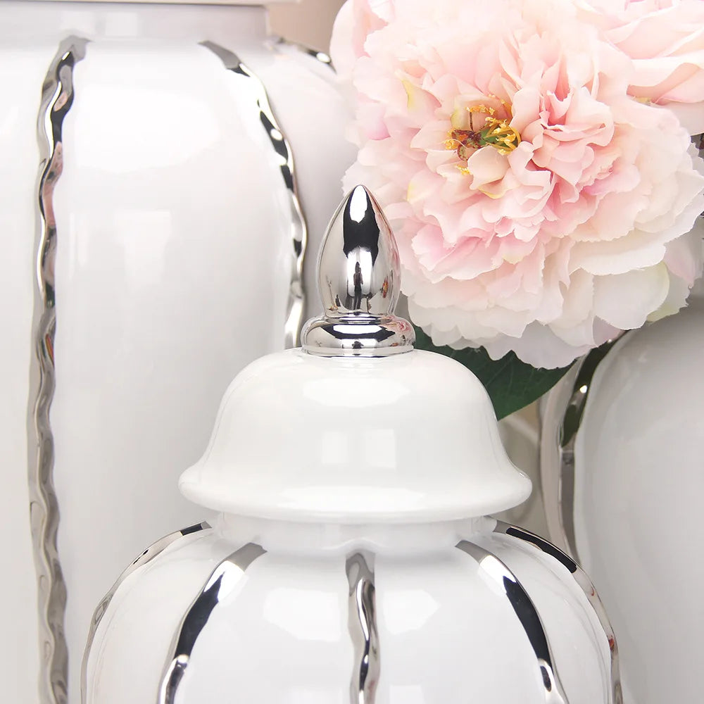 DecorBites™ Silver Striped Porcelain Ginger Pot Vase.