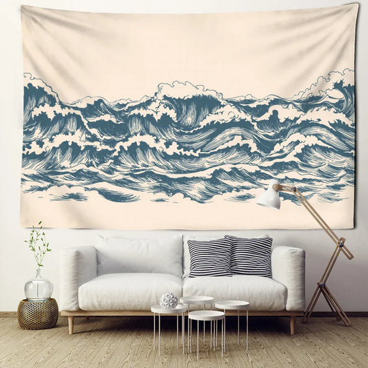 Decobites Minimalist Cartoon Wave Tapestry Wall Hanging for Bedroom Living Room