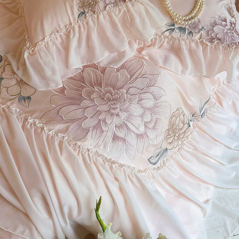 Decobites Pink Flowers Lace Ruffles Princess Bedding Set, 1200TC Egyptian Cotton Duvet Cover