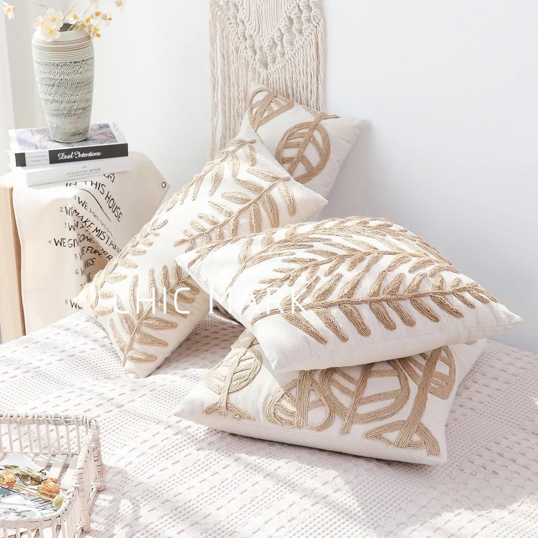 Embroidered Leaves Pillow Cover