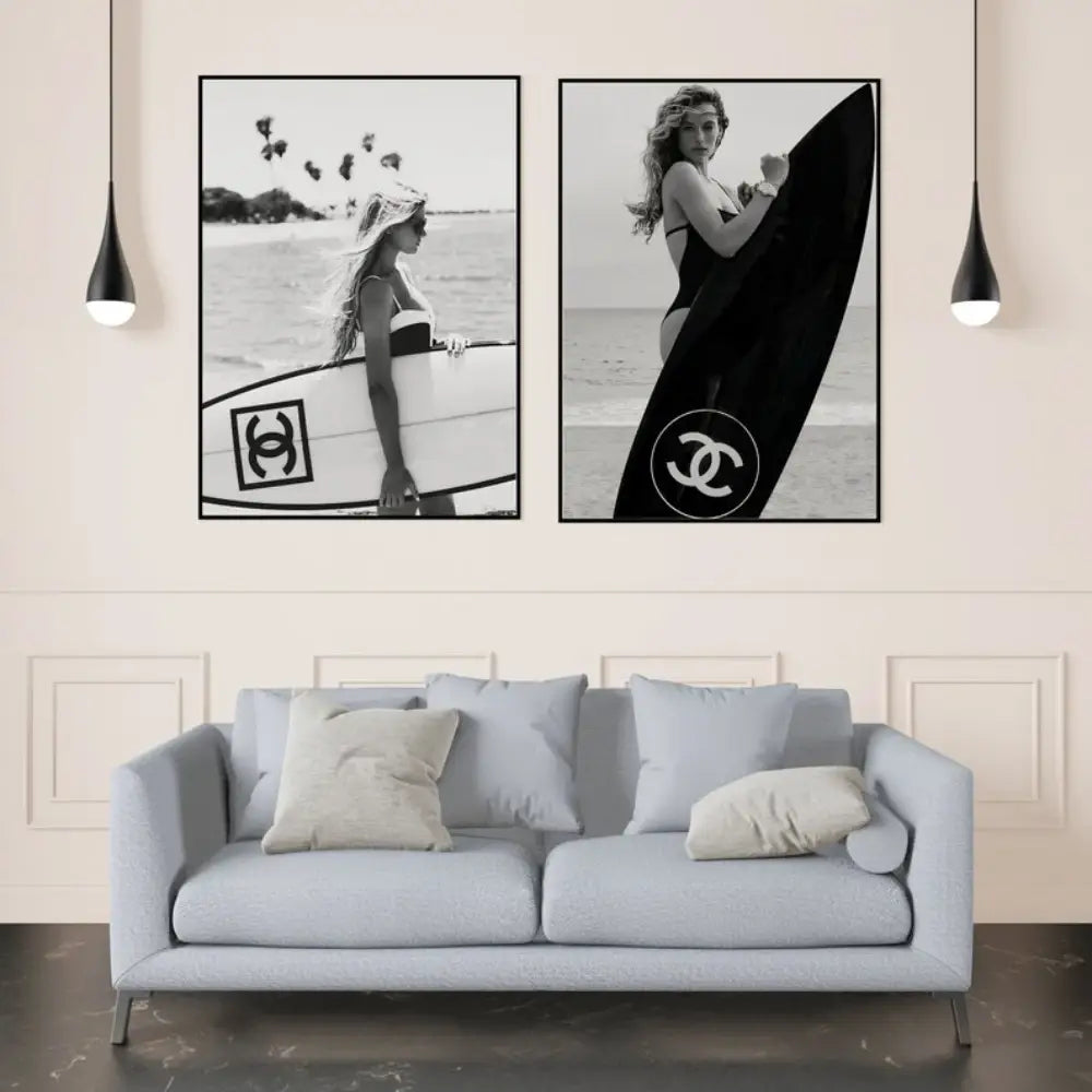 DecorBites™ Black and White Surfboard Wall Art - Teen Room Decor