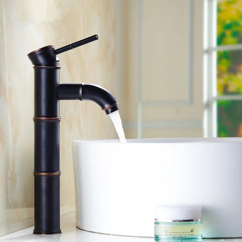DecorBites™ Black Bronze Waterfall Faucet Bamboo Bathroom Sink Tap High Arch Mixer