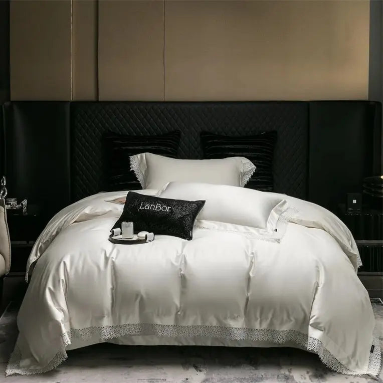 طقم مفروشات سرير DecorBites™ بحافة دانتيل فرنسية، قطن مصري 1000 خيط، مقاس كوين كينج، لحاف، ملاءة، أغطية وسائد