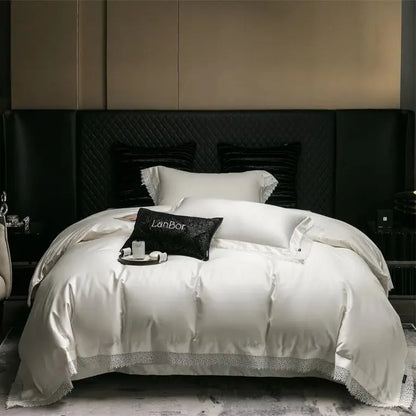 طقم مفروشات سرير DecorBites™ بحافة دانتيل فرنسية، قطن مصري 1000 خيط، مقاس كوين كينج، لحاف، ملاءة، أغطية وسائد