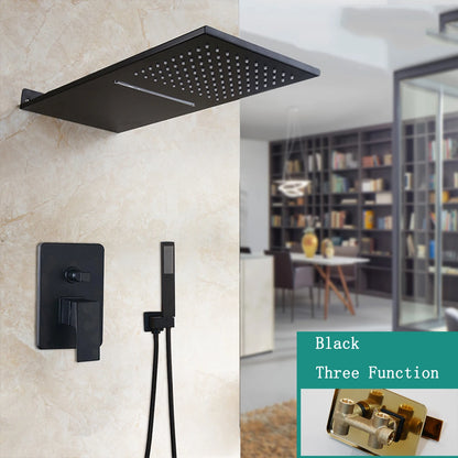 KEMAIDI Golden Black Bathroom Shower Systerm with Hand Spray 3 Functions Shower Faucet Set  Big Rainfall Waterfall Shower Head