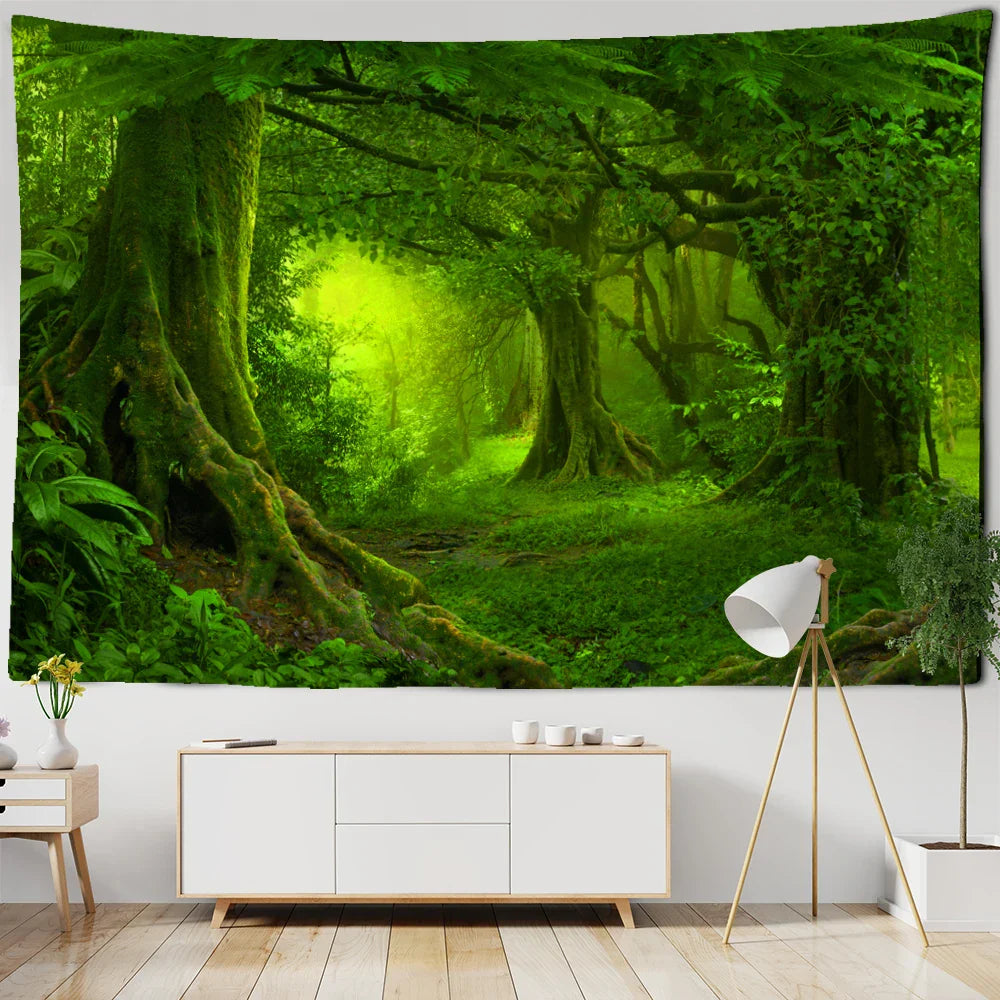 Green Leaf Forest Tapestry Wall Hanging by Decobites - Nature Scenery Boho Hippie Decor