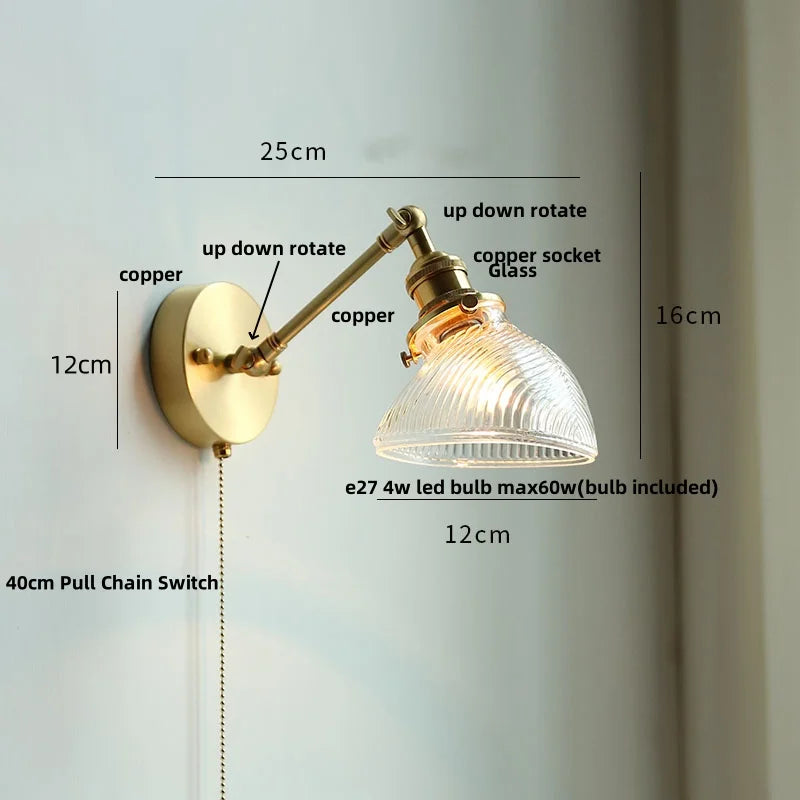 DecorBites™ Brass Swing Arm LED Wall Light Fixture with Rotatable Arms & Pull Chain Switch