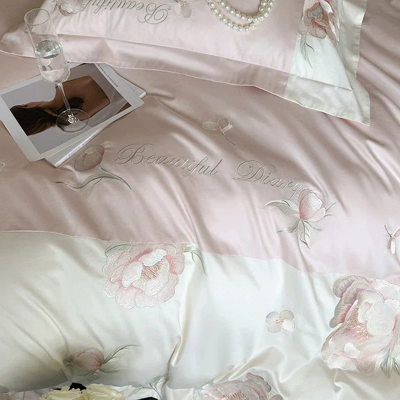 Decobites Pink Flowers Embroidery Luxe Bedding Set: 1000TC Egyptian Cotton Duvet Cover, Bed Sheet, Pillowcases