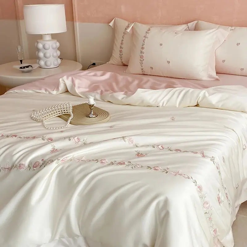 Decobites Rose Flowers Embroidery Bedding Set - Soft Lyocell Cotton, Silky Duvet Cover, Sheet, Pillowcases