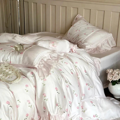 Decobites Vintage Rose Print Lace Ruffles 4-Piece Bedding Set - Egyptian Cotton