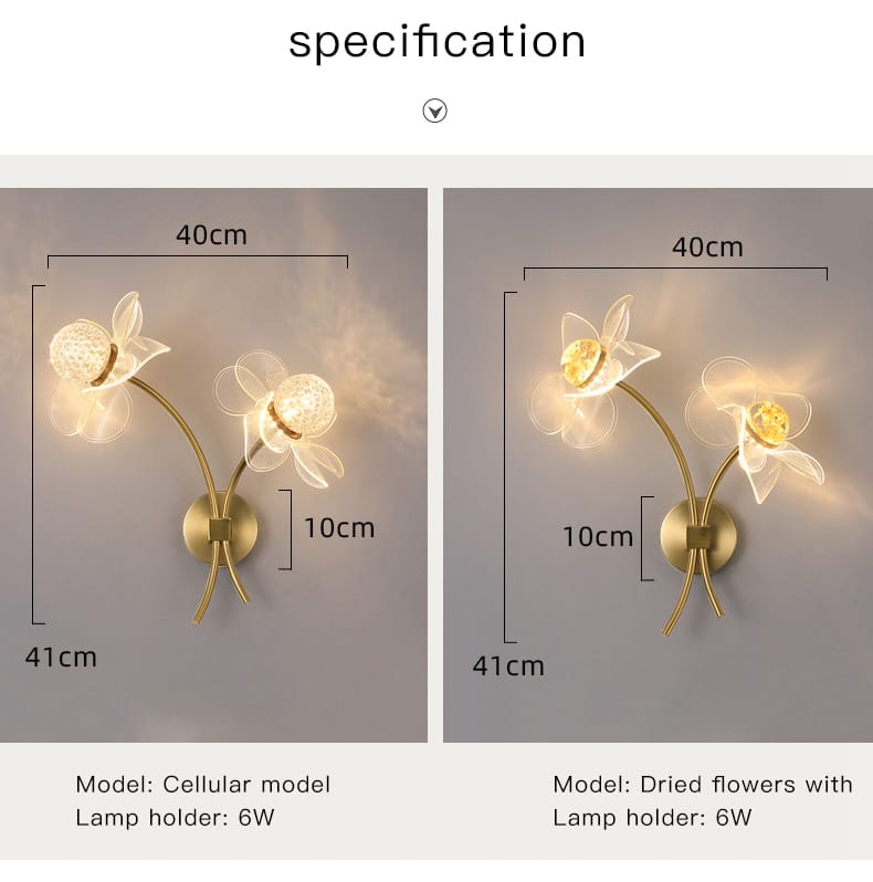 Creative floral decorative gold led wall lamp featuring a gold-toned wall sconce with two delicate translucent flower-shaped lamp heads ideal for bedroom use.