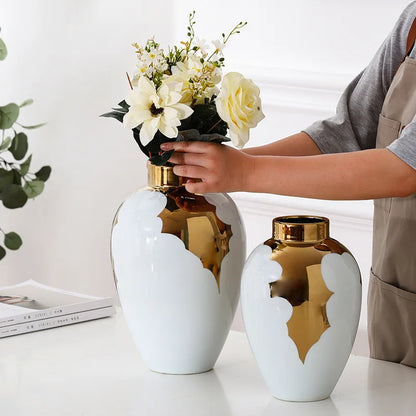 DecorBites™ Gold & White Ceramic Vase for Stylish Home Décor and Flower Display