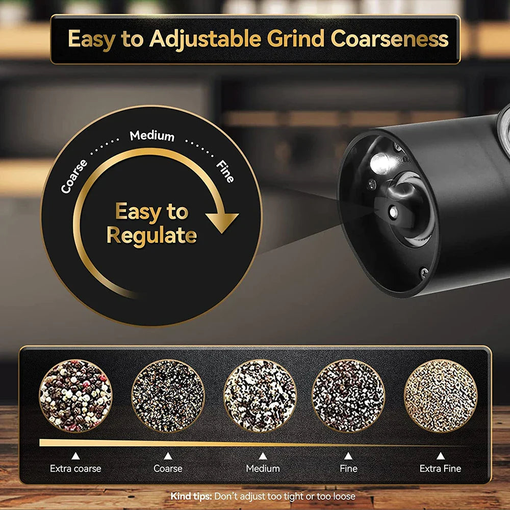 DecorBites™ Electric Salt Pepper Grinder Set USB Rechargeable Adjustable Coarseness LED Light