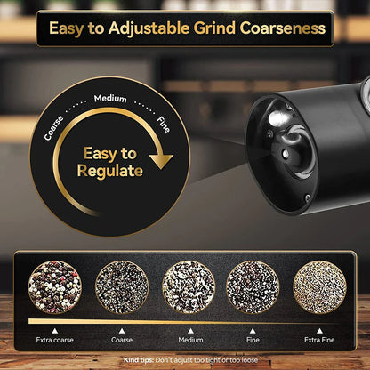 DecorBites™ Electric Salt Pepper Grinder Set USB Rechargeable Adjustable Coarseness LED Light