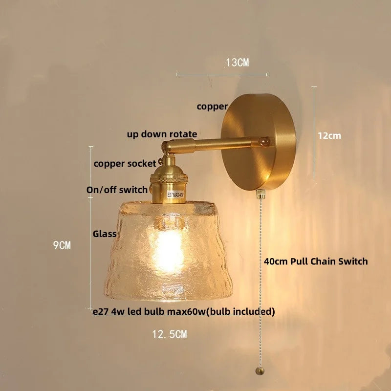 DecorBites™ Clear Glass LED Wall Lights Brass E27 Pull Chain Switch Bedside Lamp