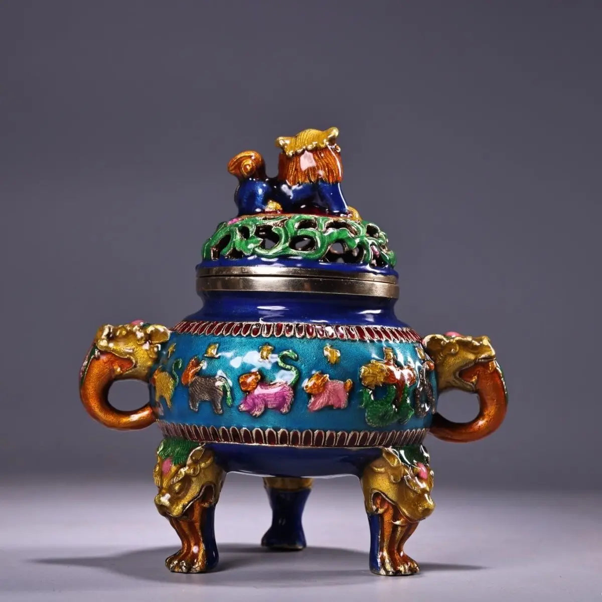 DecorBites™ Bronze Cloisonne Lion Dragon Incense Burner Ornament