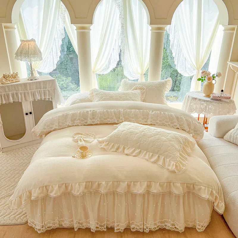 Decobites Velvet Princess Lace Ruffles Bedding Set - 4pcs Luxury Solid Color