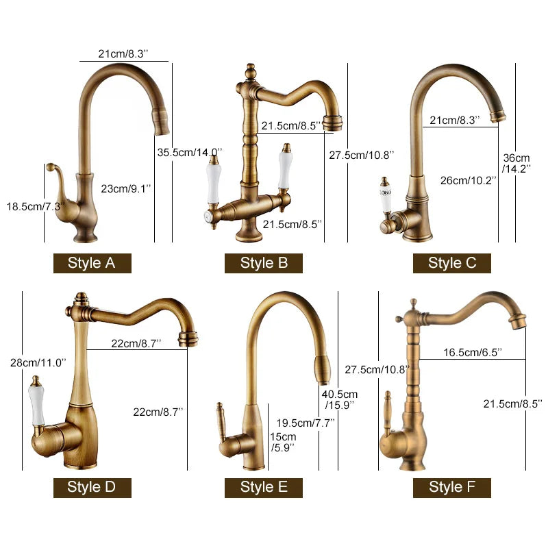 Antique brass and white ceramic kitchen faucet swivel mixers displayed with varying designs and dimensions, featuring brass finish and ceramic handles.