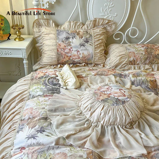 Decobites Tropical Leaves Botanical Print Bedding Set with Ruffles, French Vintage Flamingo Duvet Cover