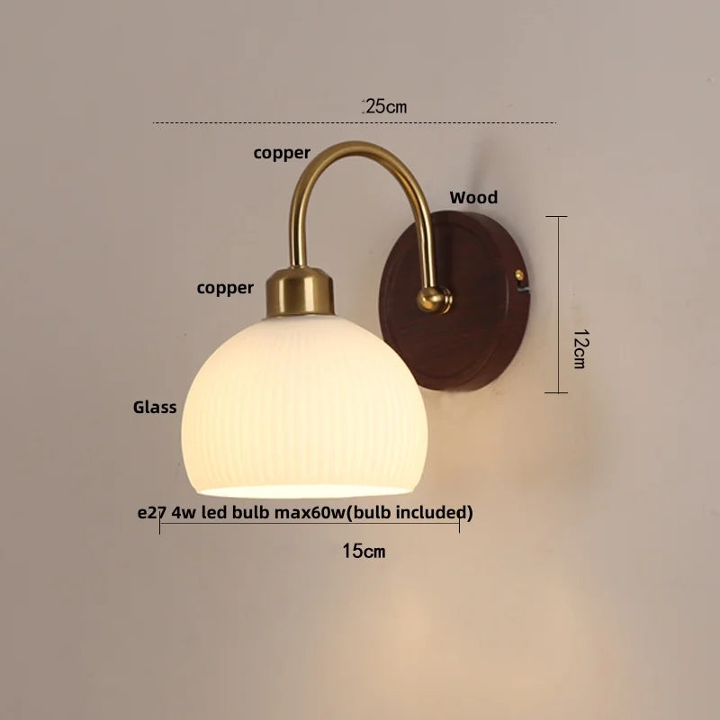 DecorBites™ LED Wall Light Glass Fixture Pull Chain Switch Wood Bedside Sconce