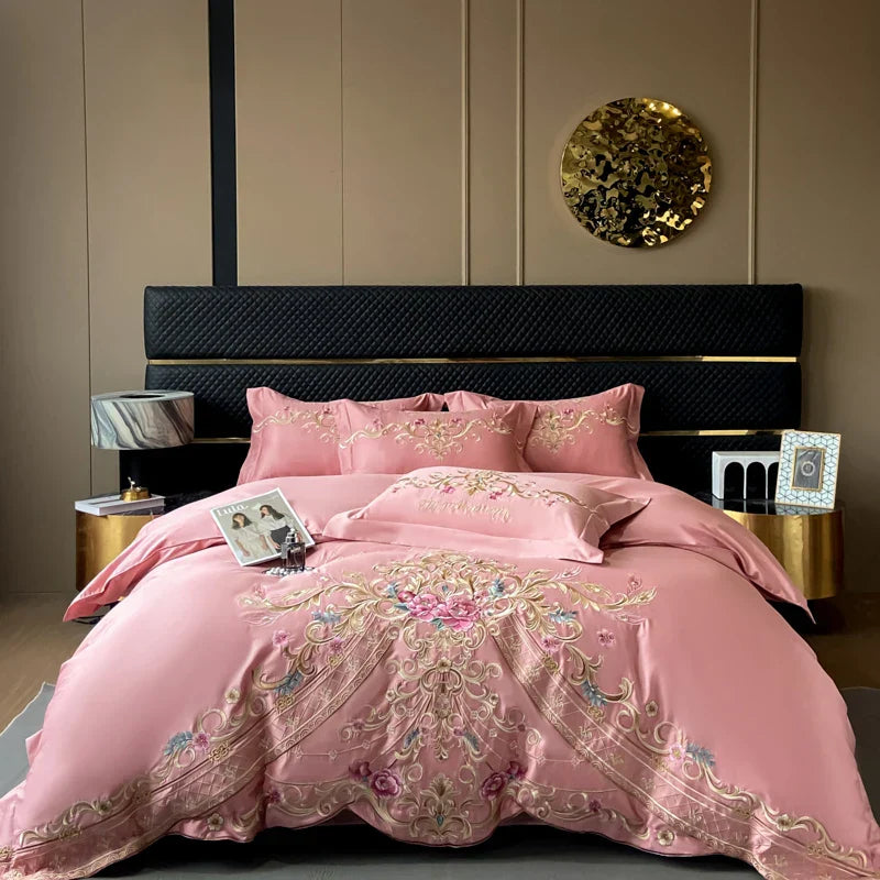 Decobites Exquisite Flowers Embroidery Bedding Set: Queen King Duvet Cover, Sheet, Pillowcases