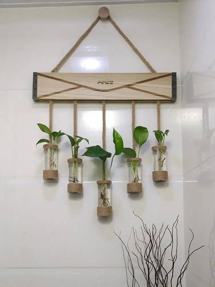 DecorBites™ Glass Planter Vase with Wooden Stand for Wall Hanging Display