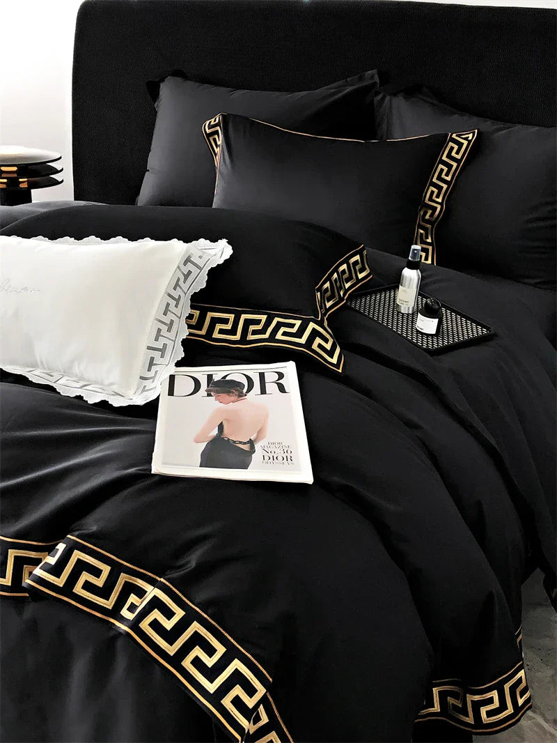 Conjunto de edredón con bordado de oro Decorbites™, Ropa de cama de algodón egipcio negro, 1000TC, Doble Rey Reina
