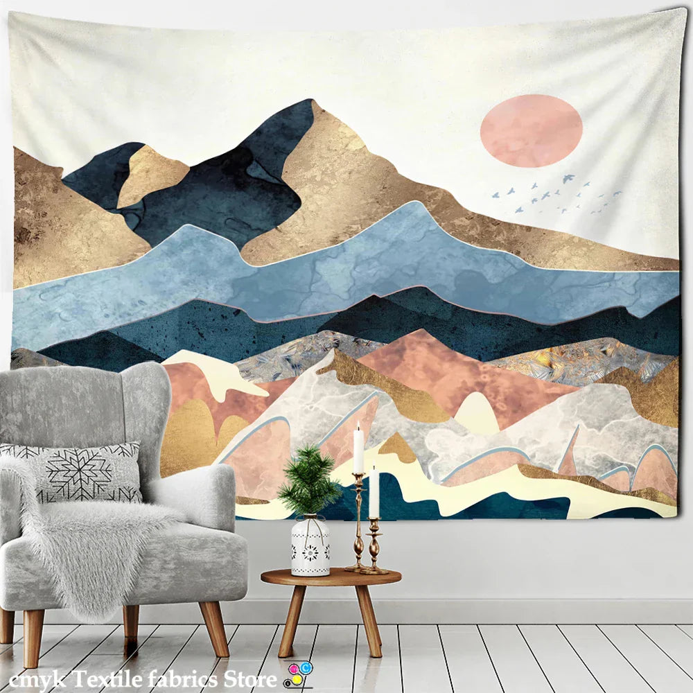 Abstract Mountains Oil Painting Tapestry Wall Hanging for Boho Witchcraft Aesthetics Room Decor by Decobites