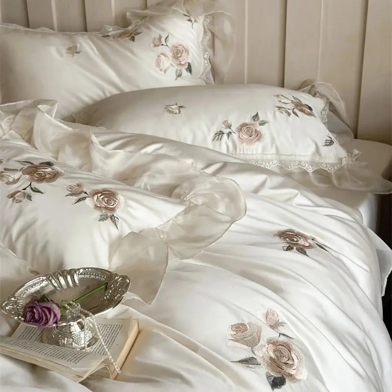 Decobites Rose Flowers Embroidery Lace Ruffles Wedding Bedding Set, 1000TC Egyptian Cotton