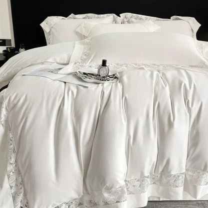 Decobites Lace Embroidery 1200TC Egyptian Cotton 4Pcs Bedding Set with Wide Hollow Design