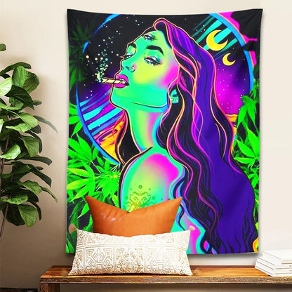 Decobites Moon Girl Smoke Tapestry: Psychedelic Hippie Trippy Leaves Aesthetics & Home Decor