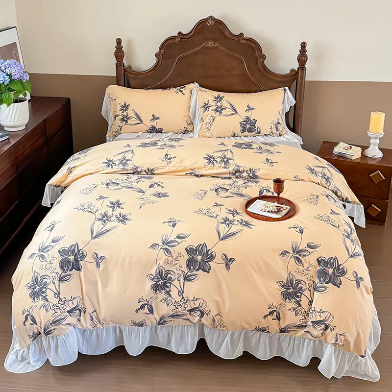 Decobites French Flowers Lace Ruffles Princess Bedding Set with Bed Sheet Pillowcases