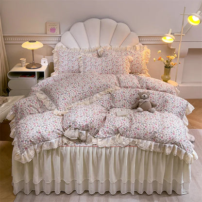 Decobites Princess Lace Ruffles Floral Bedding Set with Duvet Cover and Bed Skirt