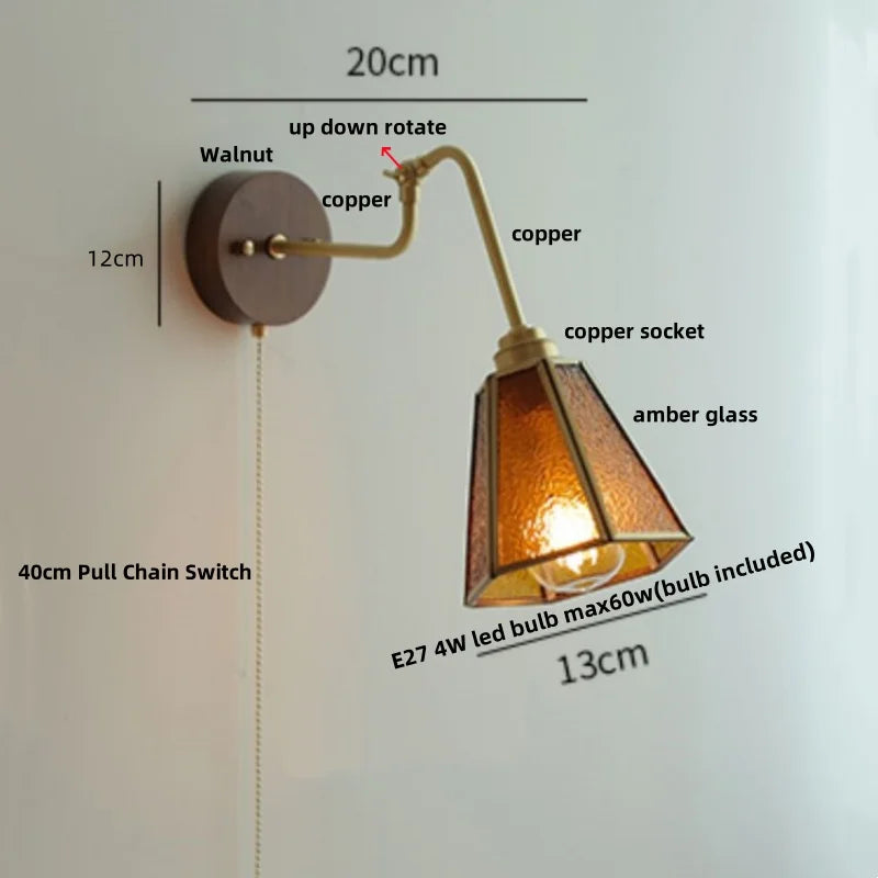 DecorBites™ Clear Glass LED Wall Sconce Pull Chain Switch Rotate Arm Walnut Wood Stair Light