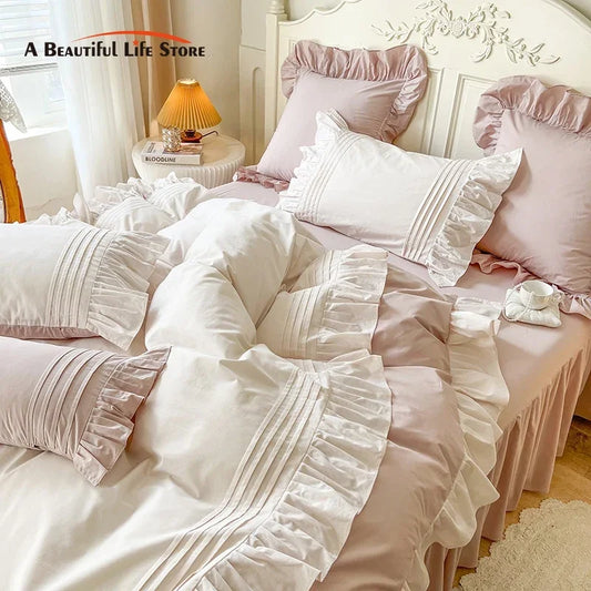 Decobites Pink Korean Princess Pleat Ruffles Cotton Bedding Set - 3/4Pcs