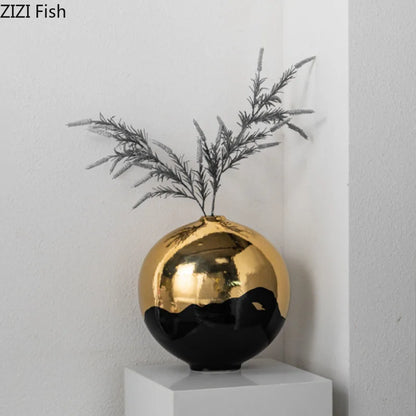 ديكورات مكتب مزهرية سيراميكية باللون الأسود الذهبي من DecorBites™، ديكور غرفة بسيط وأنيق بطابع زهري