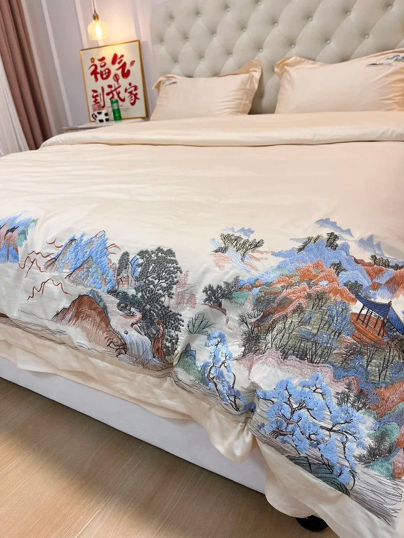 Decobites Mountain River Landscape Embroidery Bedding Set - Duvet Cover, Bed Sheet, Pillowcases