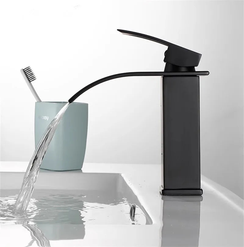DecorBites™ Black Brass Waterfall Bathroom Sink Faucet Cold Hot Mixer Single Handle Deck