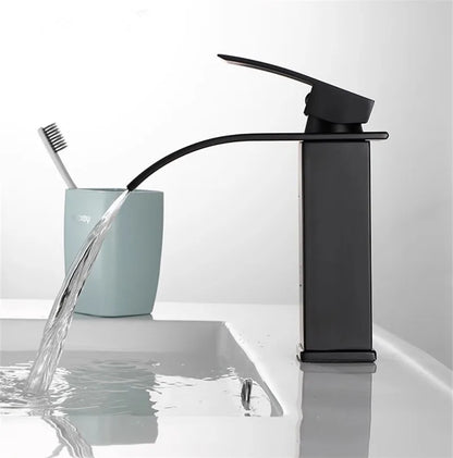 DecorBites™ Black Brass Waterfall Bathroom Sink Faucet Cold Hot Mixer Single Handle Deck