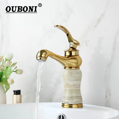 DecorBites™ Gold Plated Jade Bathroom Faucet with Brass Body Hot & Cold Water Mixer