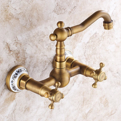 DecorBites™ Brass Ceramic Wall Mount Faucet for Bathroom Washbasin - Double Handle Cold Hot Water
