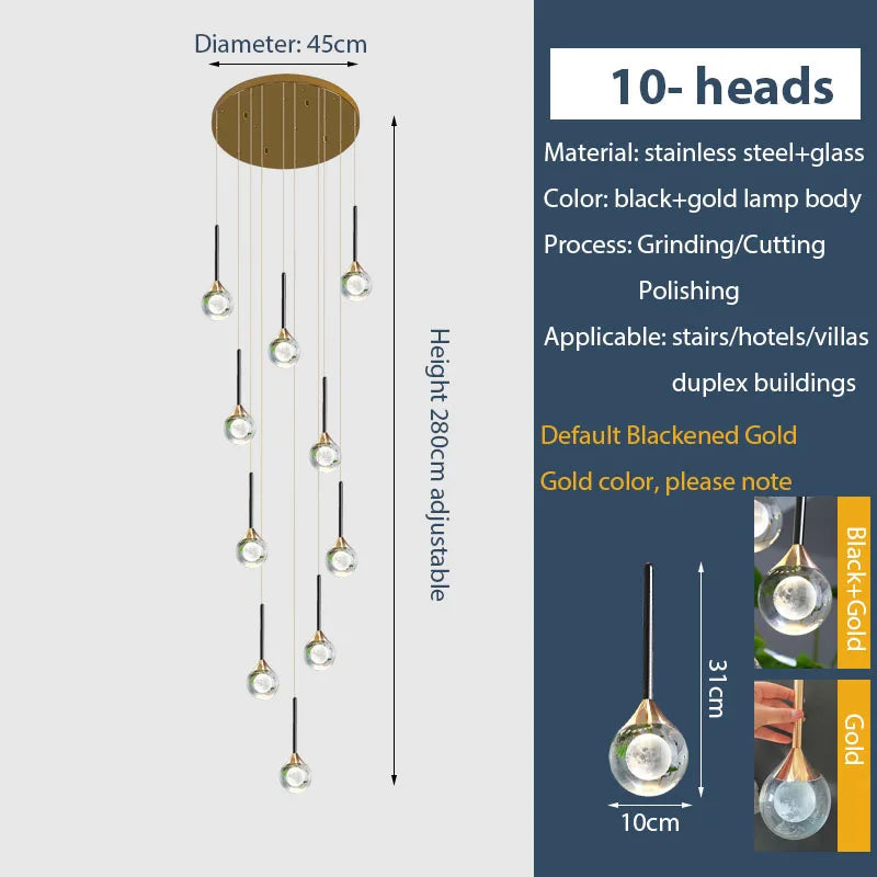 Chandelier de gotas de lluvia de cristal dorado Decorbites™ para escalera y vestíbulo
