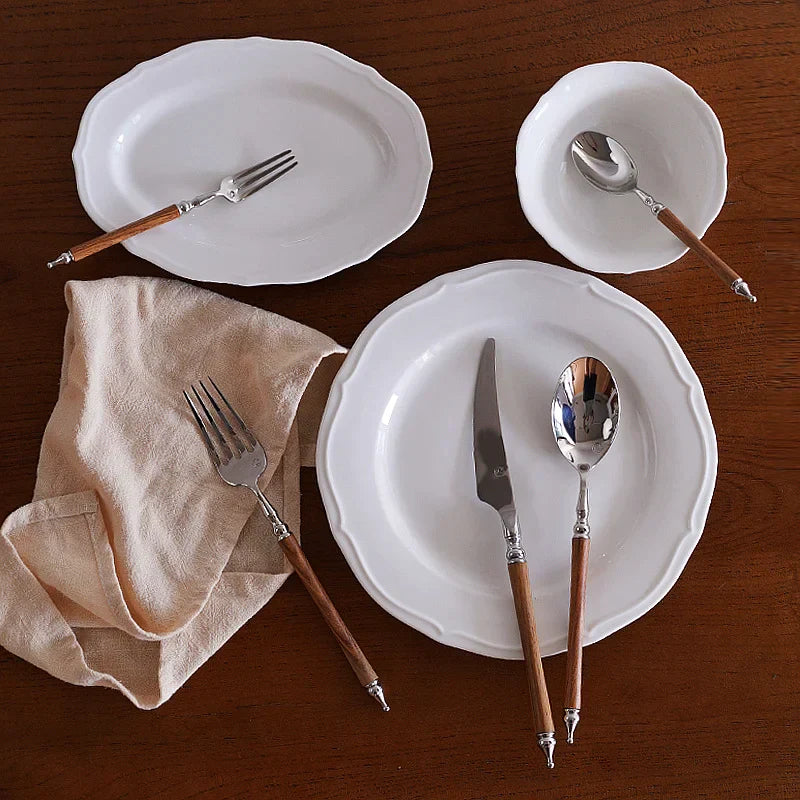 DecorBites™ 5-Piece Stainless Steel Western Tableware Set, Solid Wood Handle, Natural Yellow