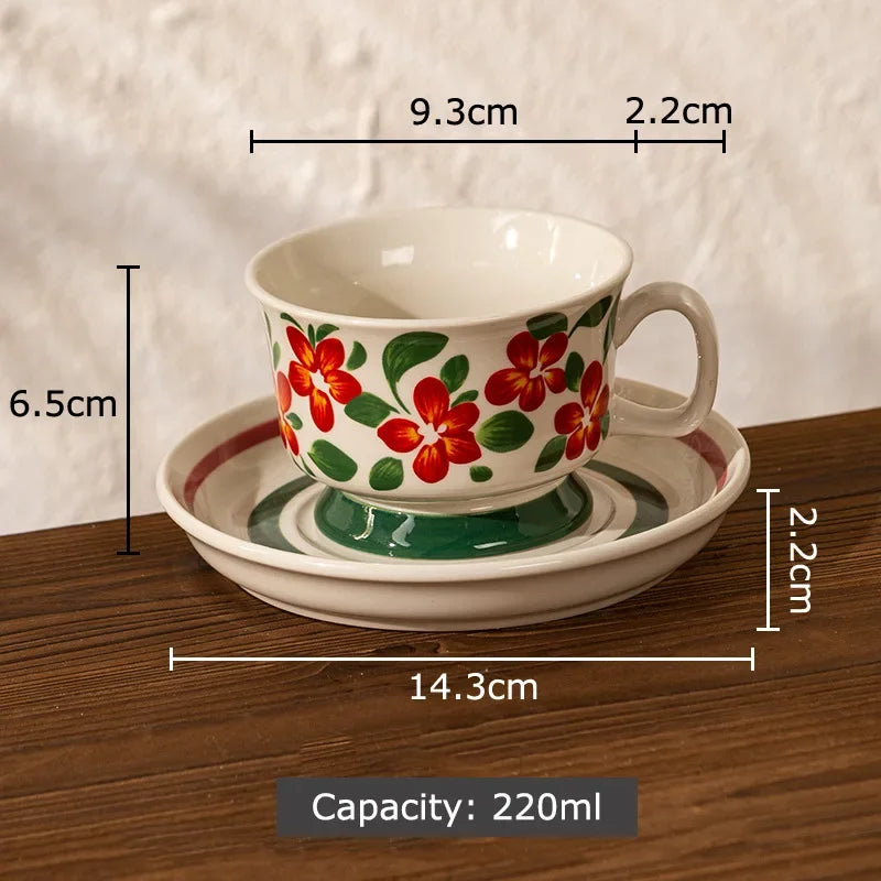 DecorBites™ Ink Flowers Ceramic Cup & Saucer Set - Gold-plated Coffee Mug for Dining Table