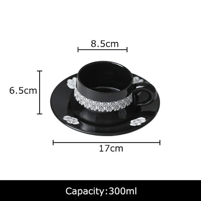DecorBites™ Black Flower Porcelain Cup & Saucer Set, Elegant Coffee Mug for Dining & Afternoon Tea