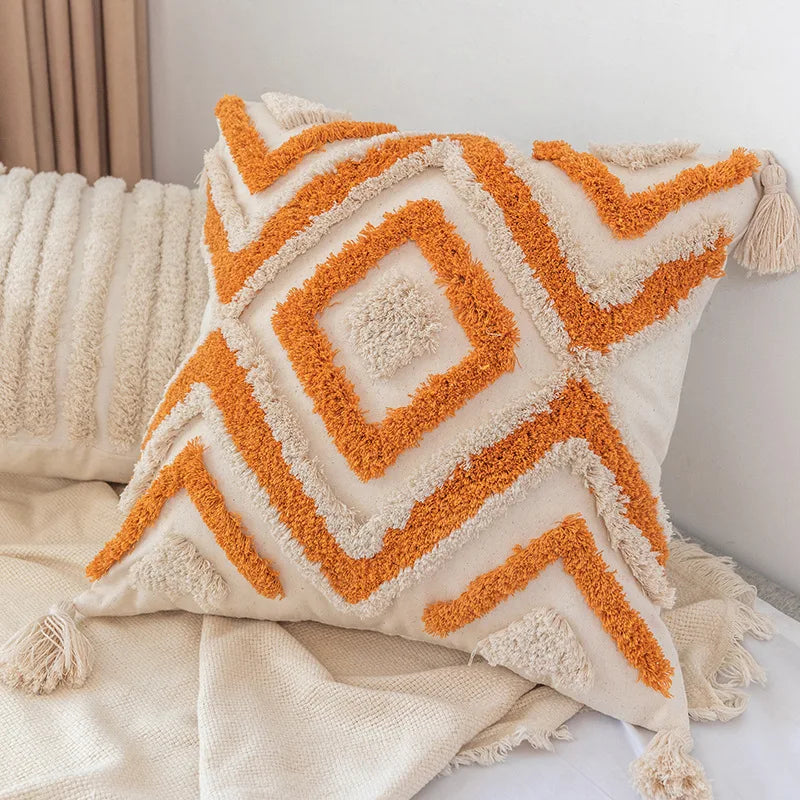 Decobites Boho Square Pillowcase with Embroidery & Tassel Detail for Living Room Sofa