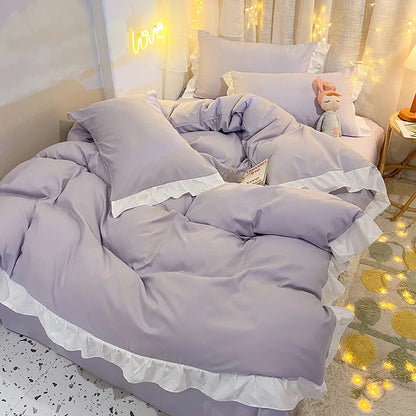 DecorBites™ Cotton Ruffle Edge Duvet Cover Set - Soft, Thick, Solid Color