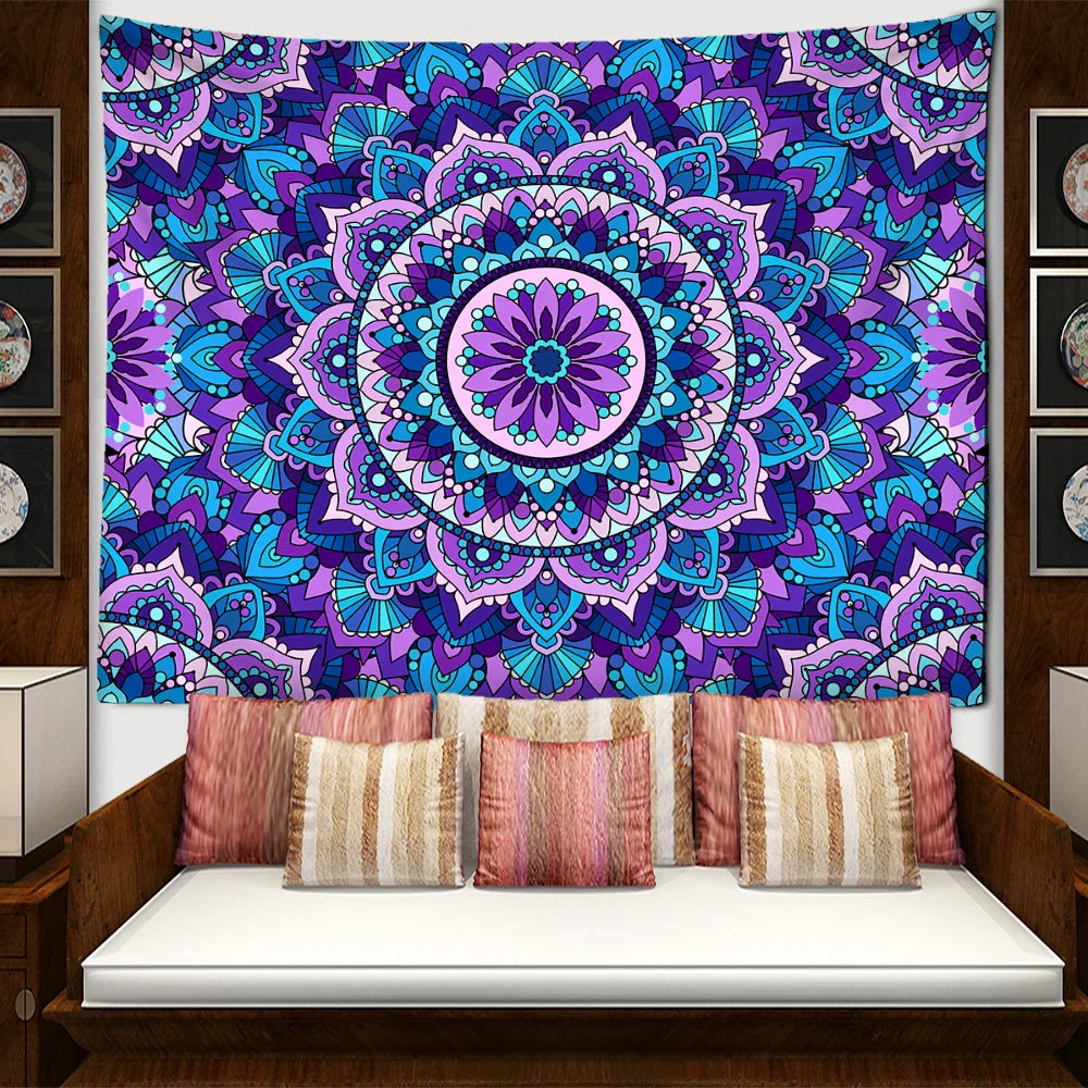 Decobites Blue Purple Mandala Tapestry Wall Hanging - Bohemian Abstract Aesthetics