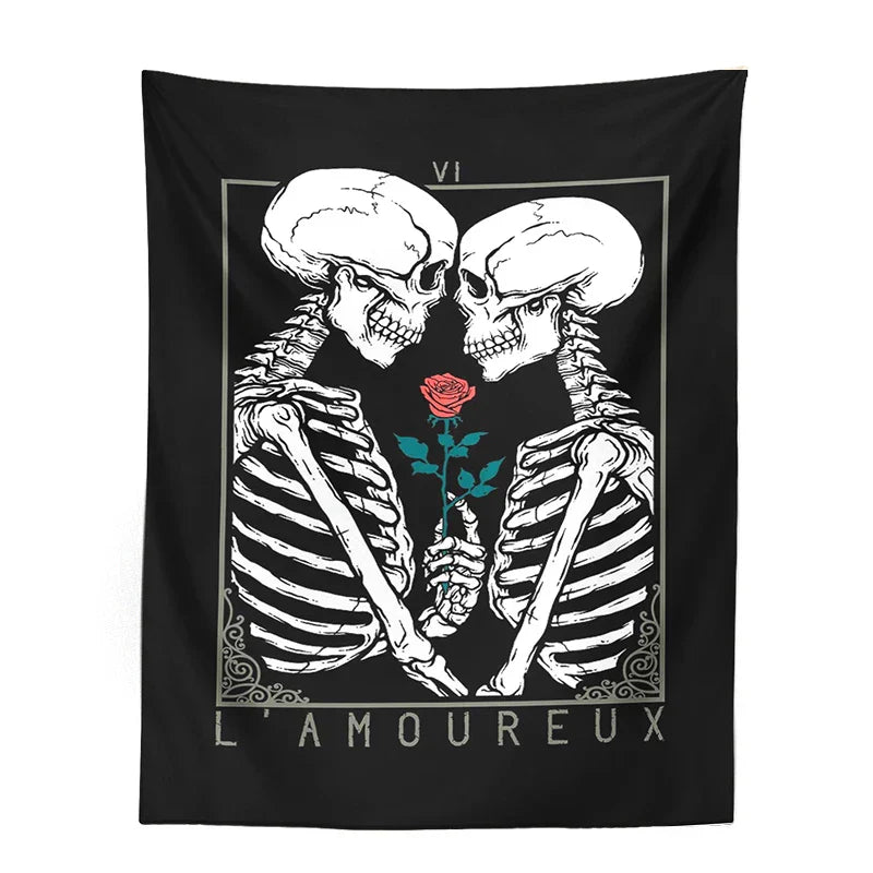 Decobites Kissing Lovers Tarot Tapestry: Skeleton & Rose Hippie Room Decor