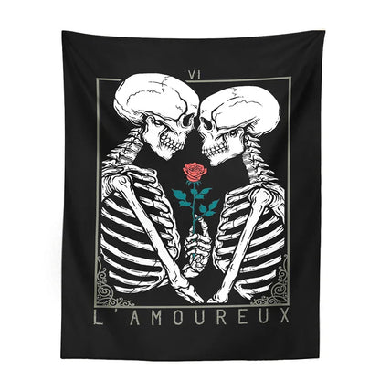 Decobites Kissing Lovers Tarot Tapestry: Skeleton & Rose Hippie Room Decor